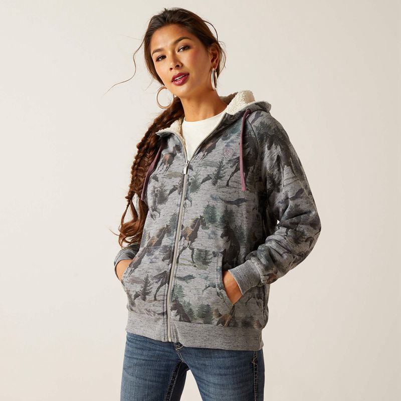 Ariat Real Sherpa Full Zip Hoodie Misty Horse Print Femme | GYX-65652313