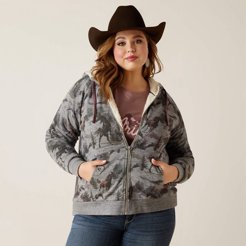 Ariat Real Sherpa Full Zip Hoodie Misty Horse Print Femme | GYX-65652313