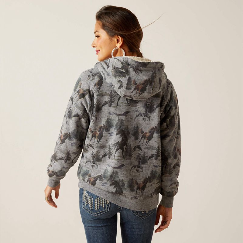 Ariat Real Sherpa Full Zip Hoodie Misty Horse Print Femme | GYX-65652313