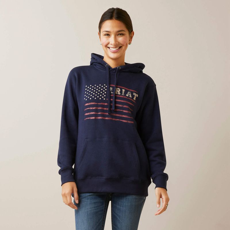 Ariat Real Flying Flag Hoodie Bleu Marine Femme | QFM-26122004