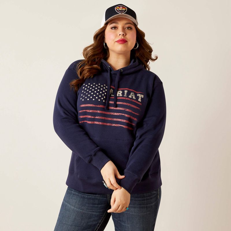 Ariat Real Flying Flag Hoodie Bleu Marine Femme | QFM-26122004