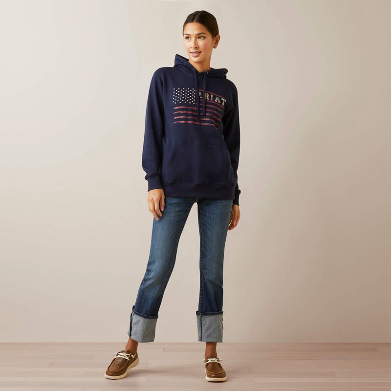 Ariat Real Flying Flag Hoodie Bleu Marine Femme | QFM-26122004