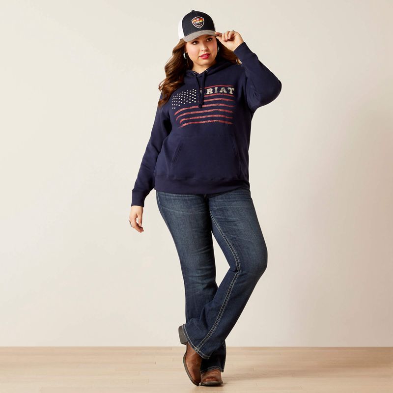 Ariat Real Flying Flag Hoodie Bleu Marine Femme | QFM-26122004