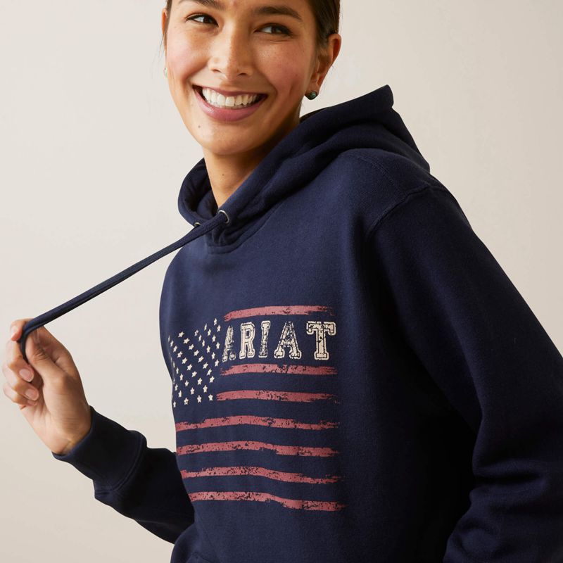 Ariat Real Flying Flag Hoodie Bleu Marine Femme | QFM-26122004