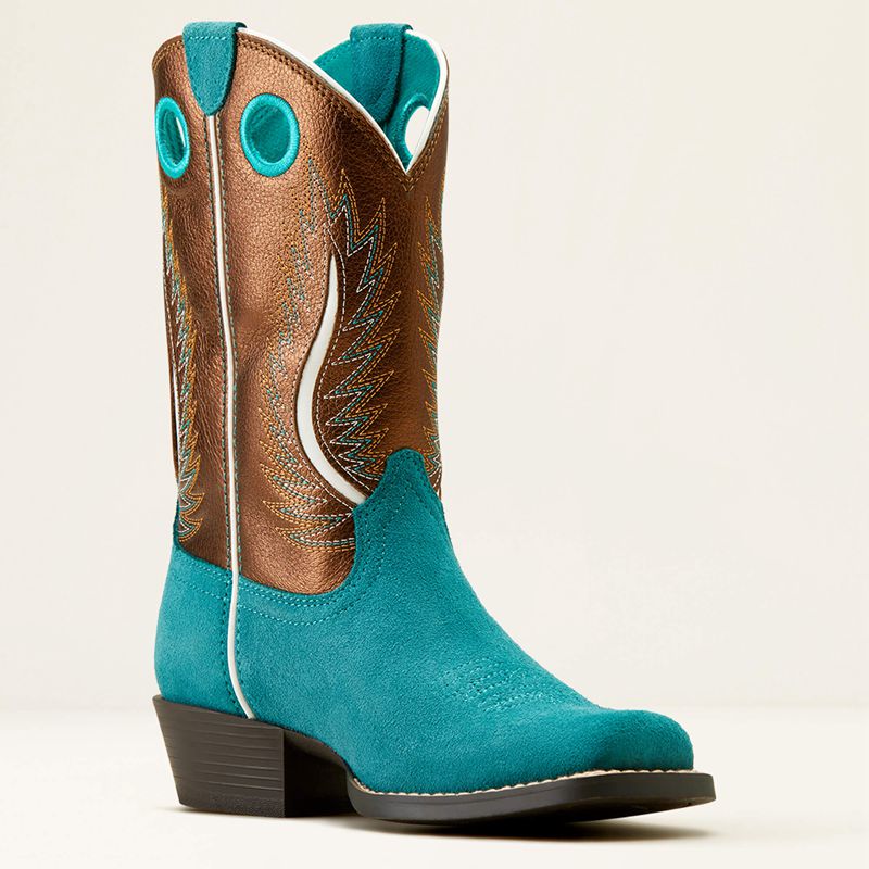 Ariat Bk Futurity Fort Worth Western Boot Teal Suede/Gilded Mocha Enfant | XXE-63743404