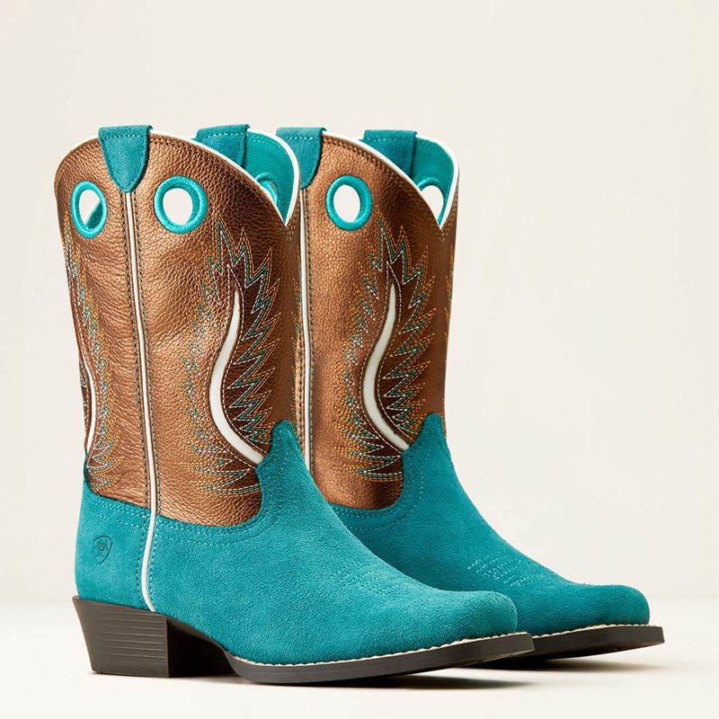 Ariat Bk Futurity Fort Worth Western Boot Teal Suede/Gilded Mocha Enfant | XXE-63743404