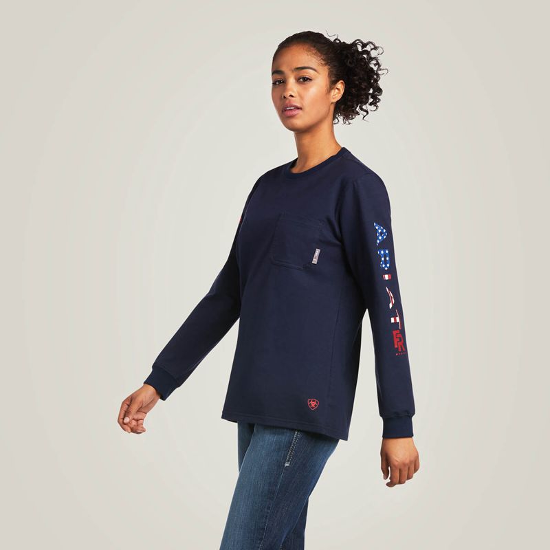 Ariat Fr Stretch Logo T-Shirt Navy/Usa Femme | KFJ-21441321