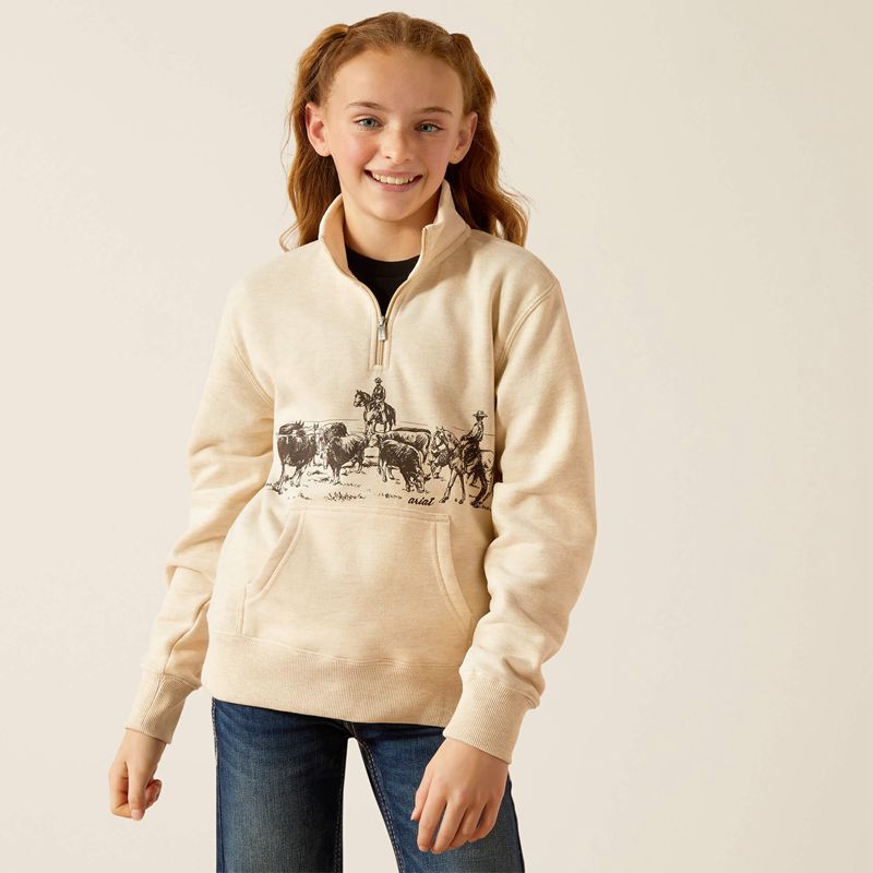 Ariat Pasture 1/4 Zip Sweatshirt Oatmeal Heather Enfant | YZK-40056806