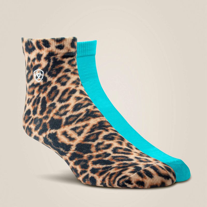 Ariat Wild Thing Ankle Sock 2 Pair Multi Color Pack Leopard Bleu Femme | XMW-18042352