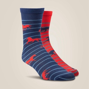 Ariat Horses Over Stripes Crew Sock 2 Pair Multi Color Pack Red/Navy Femme | LPN-56106945