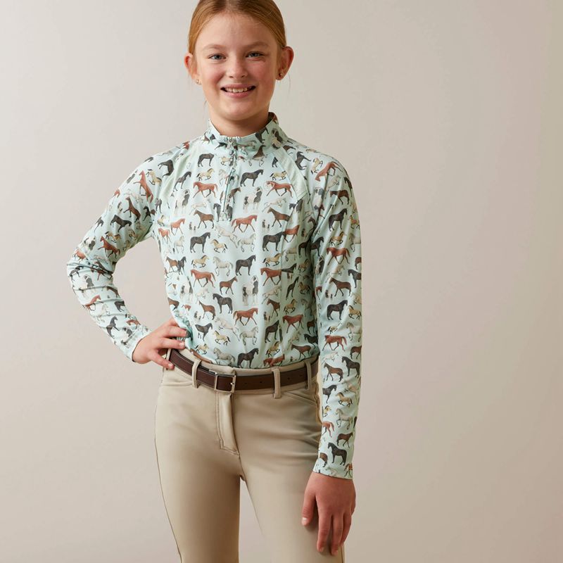 Ariat Sunstopper 2.0 1/4 Zip Baselayer Aqua Herd Print Enfant | IOE-62013956