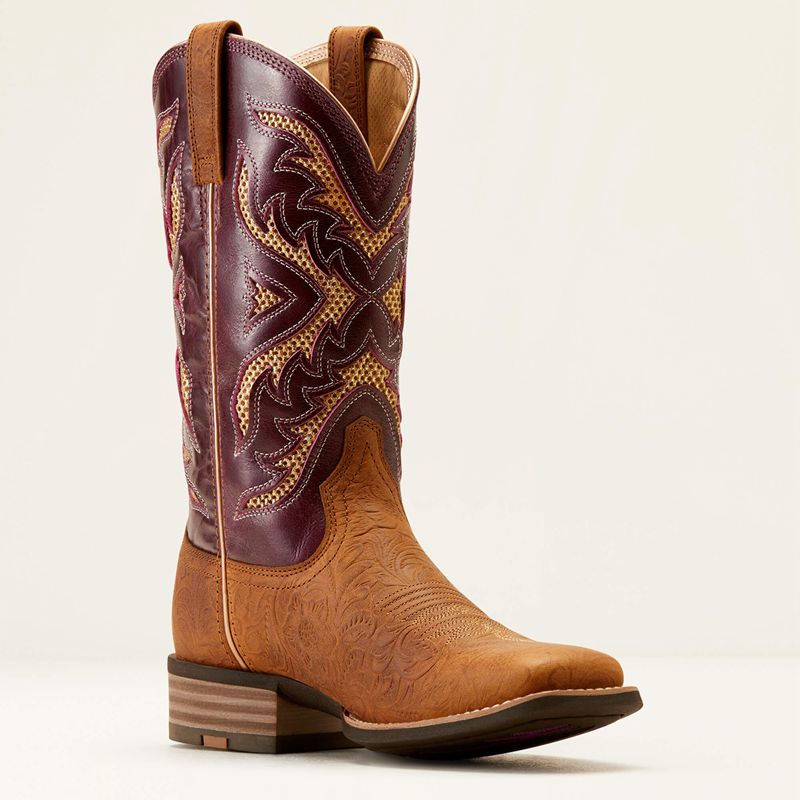 Ariat San Angelo Venttek 360 Western Boot Tooled Toasted Almond/Aged Merlot Femme | NRK-24328408