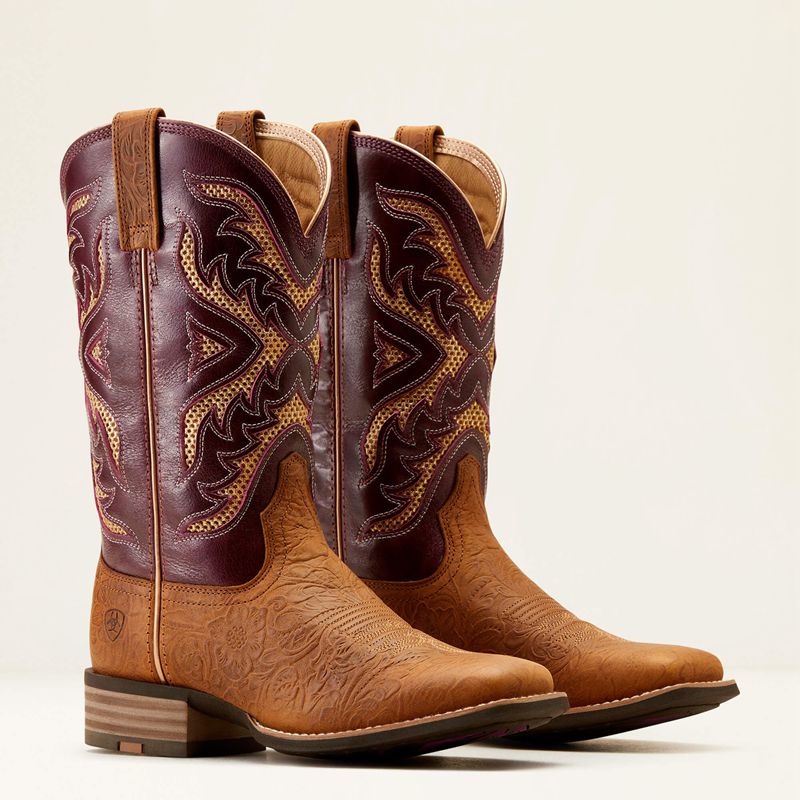 Ariat San Angelo Venttek 360 Western Boot Tooled Toasted Almond/Aged Merlot Femme | NRK-24328408