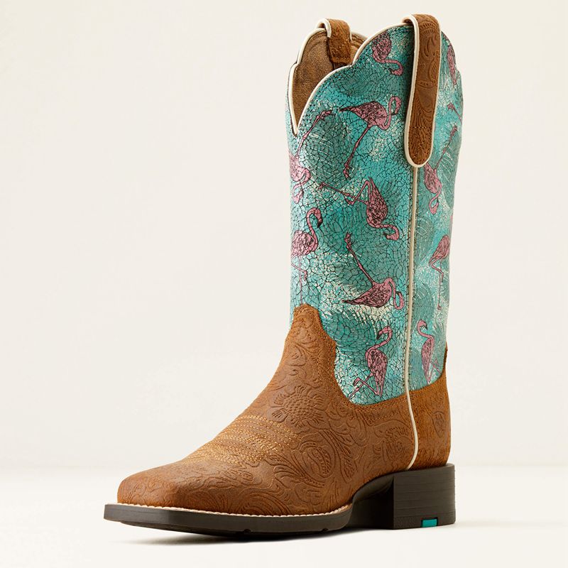 Ariat Round Up Wide Square Toe Western Boot Embossed Chestnut/Flock O Flamingos Femme | WQI-14454062