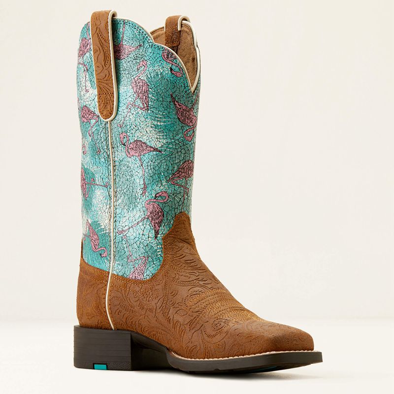 Ariat Round Up Wide Square Toe Western Boot Embossed Chestnut/Flock O Flamingos Femme | WQI-14454062