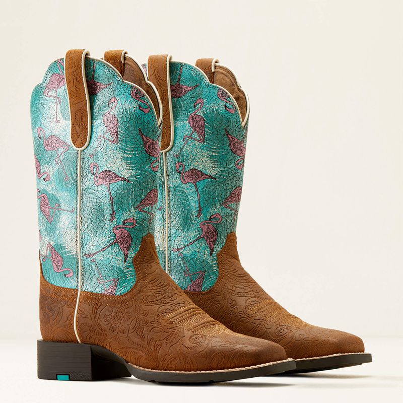 Ariat Round Up Wide Square Toe Western Boot Embossed Chestnut/Flock O Flamingos Femme | WQI-14454062