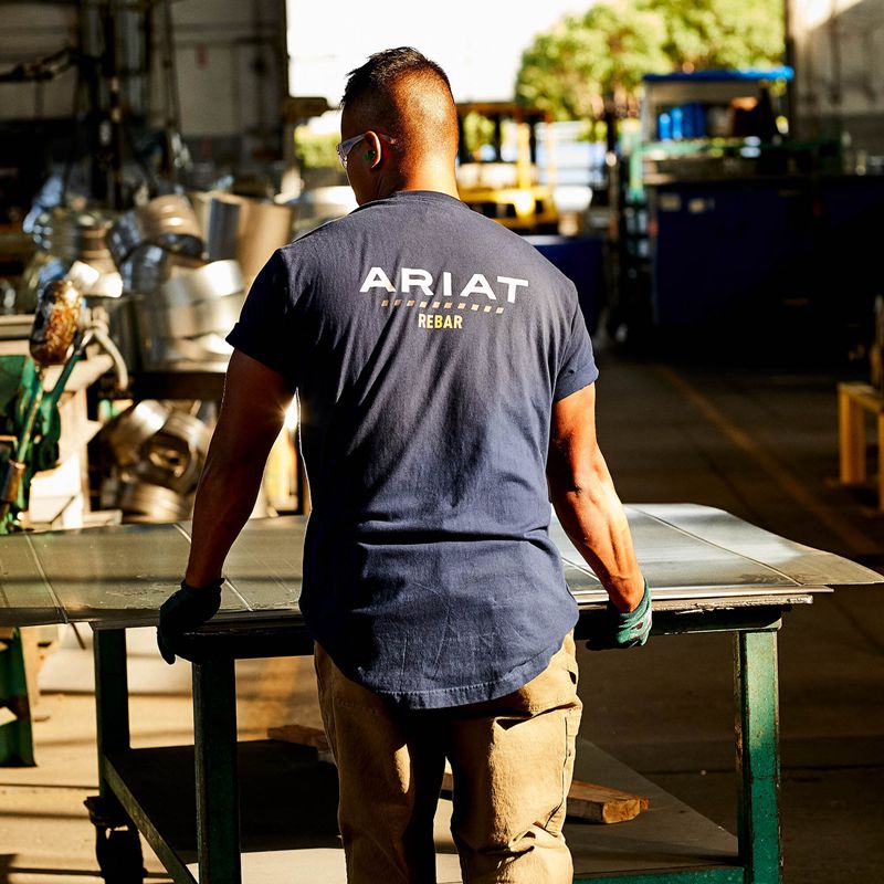 Ariat Rebar Cotton Strong Logo T-Shirt Bleu Marine Homme | OAQ-50971565