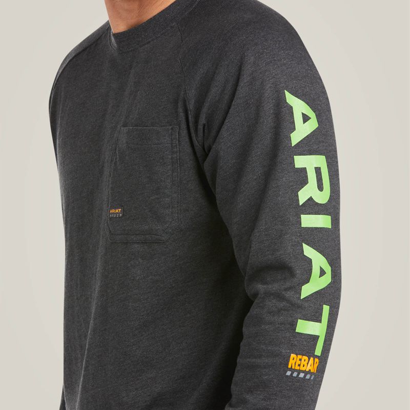 Ariat Rebar Cotton Strong Graphic T-Shirt Charcoal Heather/Lime Homme | KKA-76817132