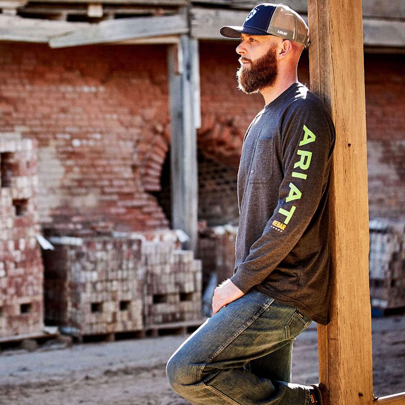 Ariat Rebar Cotton Strong Graphic T-Shirt Charcoal Heather/Lime Homme | KKA-76817132