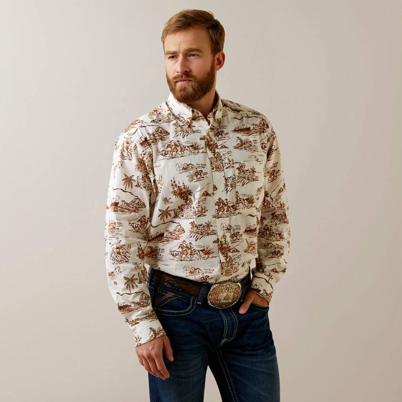 Ariat Wrinkle Resist Paniolo Western Aloha Stretch Classic Fit Shirt Sable Homme | AVC-03594135