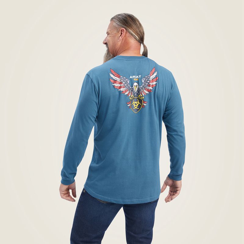 Ariat Rebar Cotton Strong American Raptor T-Shirt Indian Teal Homme | FJQ-61429131