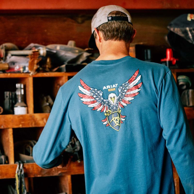 Ariat Rebar Cotton Strong American Raptor T-Shirt Indian Teal Homme | FJQ-61429131