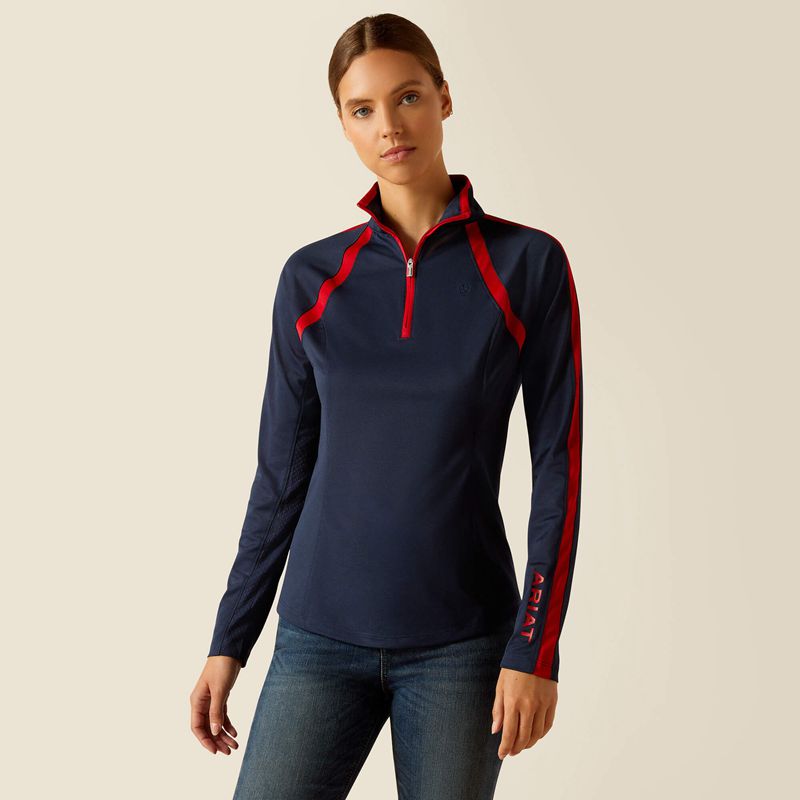 Ariat Sunstopper 3.0 1/4 Zip Baselayer Navyt/Red Femme | GXB-62503925