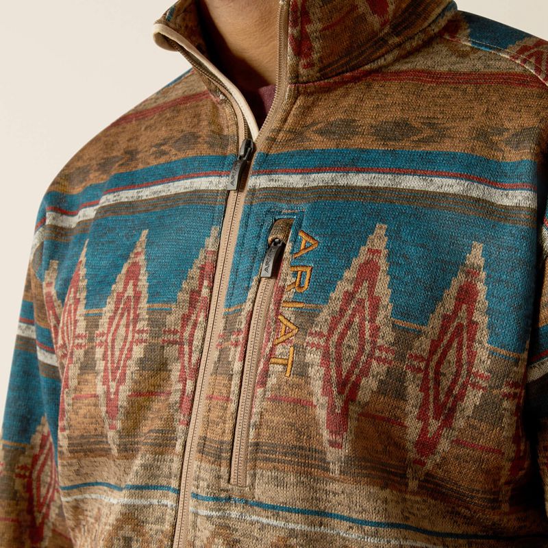 Ariat Caldwell Full Zip Sweater Oxford Tan Southwest Print Homme | DMI-05393104