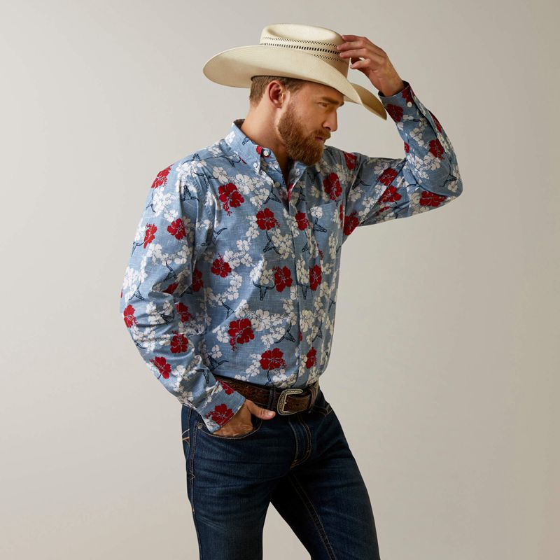 Ariat Wrinkle Resist Red White And Blue Pareau Western Aloha Stretch Classic Fit Shirt Bleu Homme | WVS-90694466