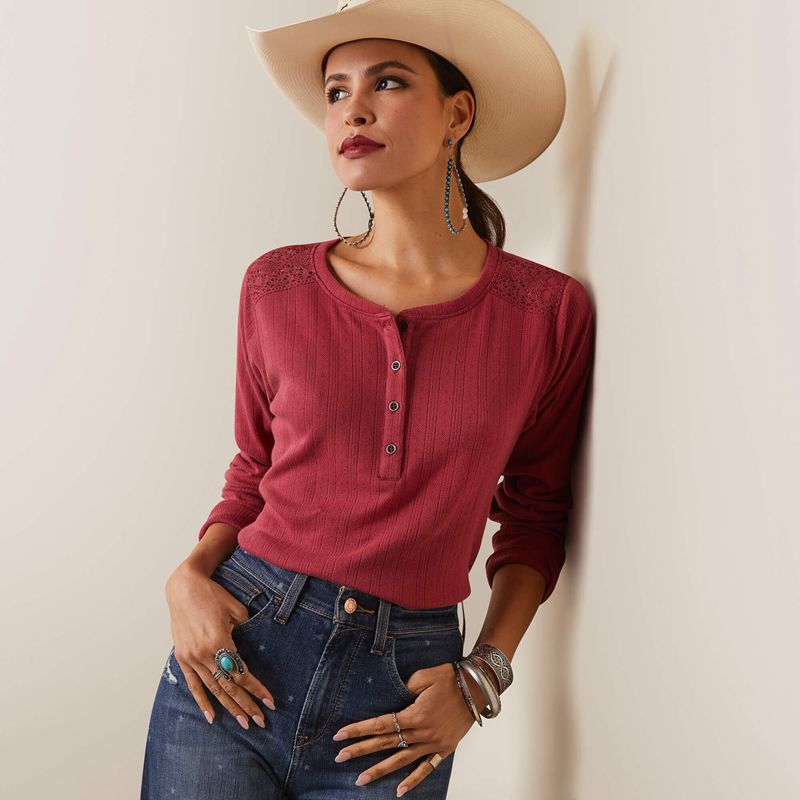 Ariat Pointelle Henley Top Rouge Femme | MRC-05745059