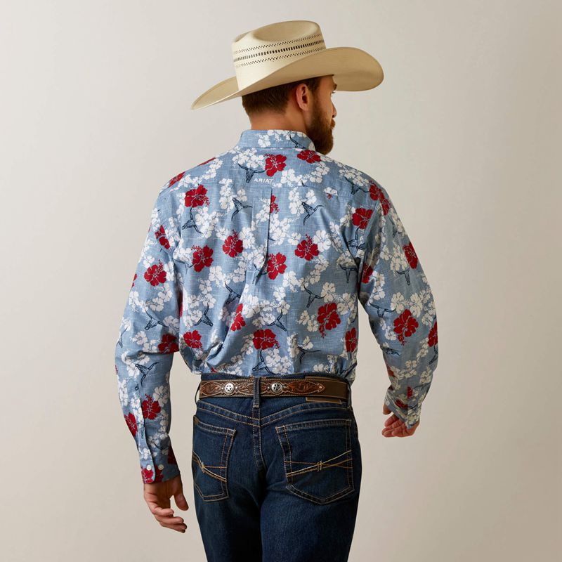 Ariat Wrinkle Resist Red White And Blue Pareau Western Aloha Stretch Classic Fit Shirt Bleu Homme | WVS-90694466