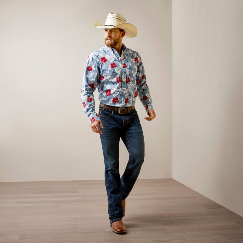 Ariat Wrinkle Resist Red White And Blue Pareau Western Aloha Stretch Classic Fit Shirt Bleu Homme | WVS-90694466