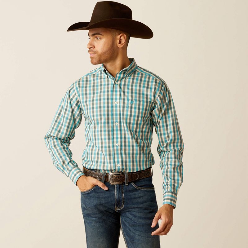 Ariat Wrinkle Free Gordie Fitted Shirt Teal Homme | TRK-50595531