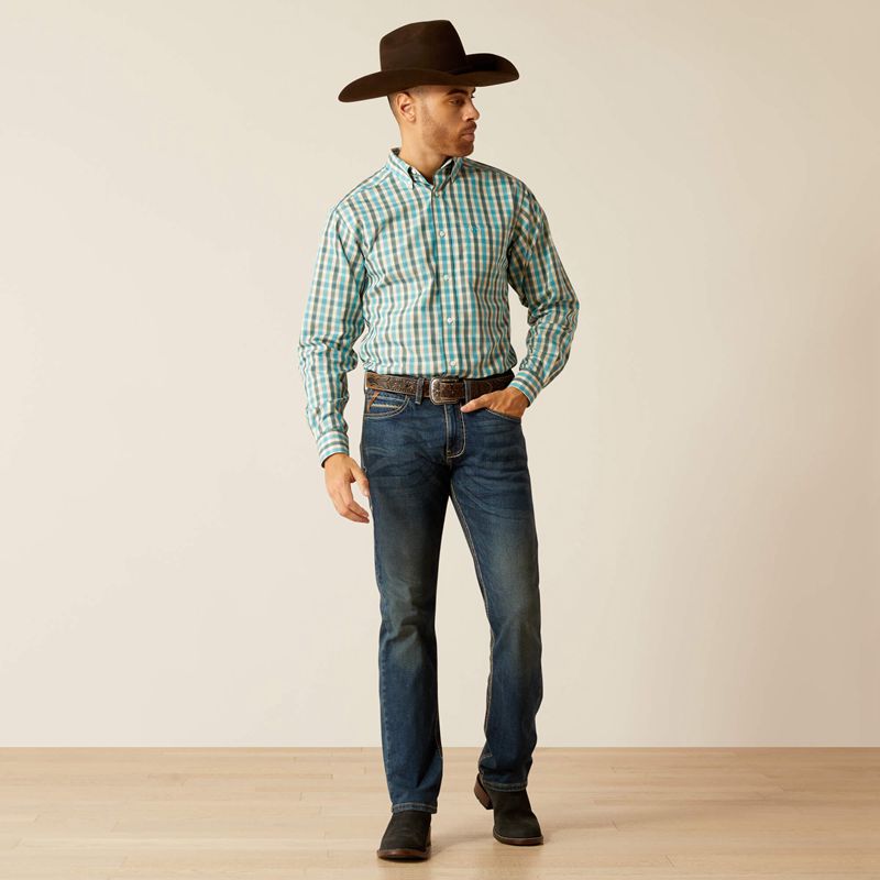 Ariat Wrinkle Free Gordie Fitted Shirt Teal Homme | TRK-50595531