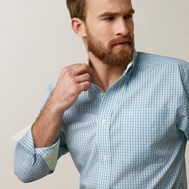 Ariat Wrinkle Free Colten Fitted Shirt Aqua Homme | CVO-41244944