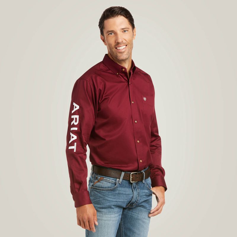 Ariat Team Logo Twill Fitted Shirt Burgundy/White Homme | NUG-65533268