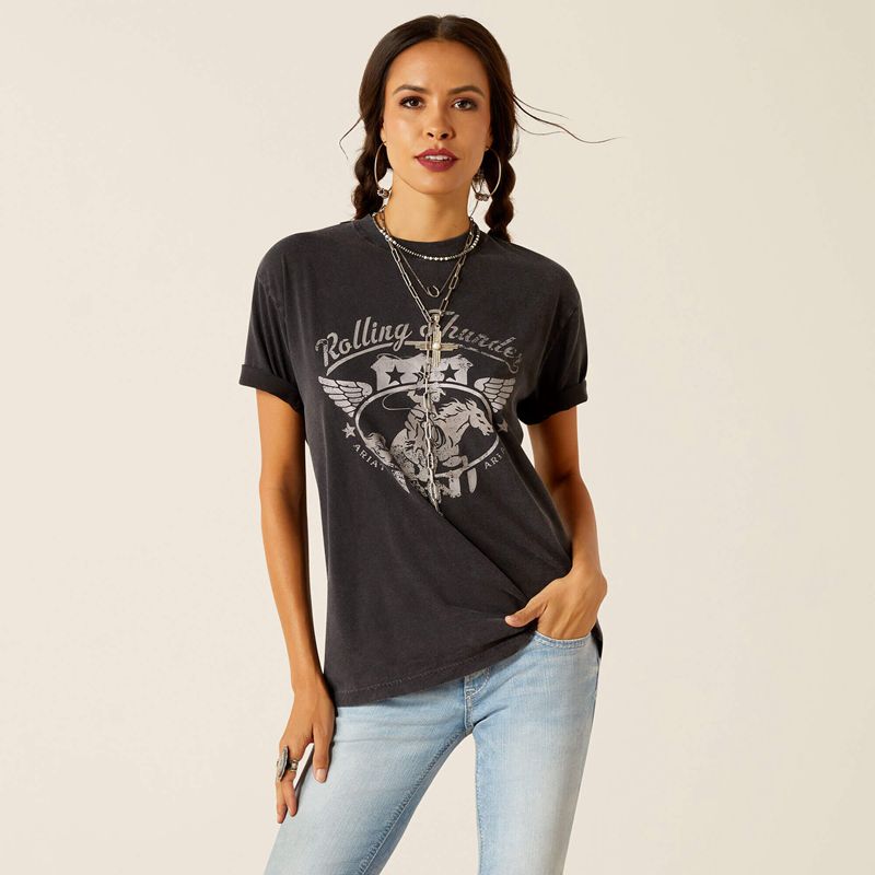 Ariat Rolling Thunder T-Shirt Noir Lavage Femme | BZI-93222831