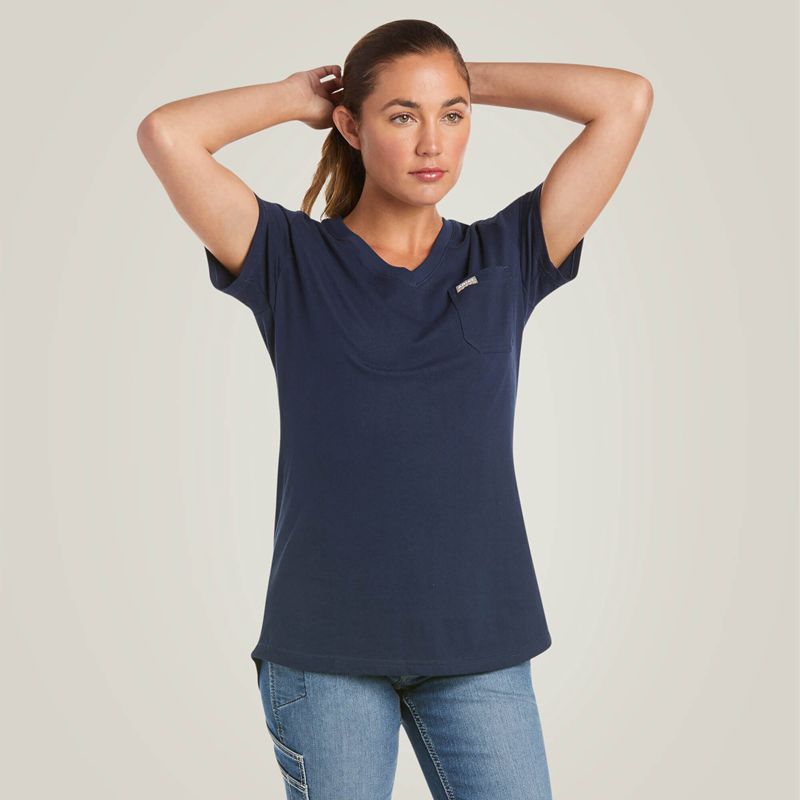 Ariat Rebar Cotton Strong V-Neck T-Shirt Bleu Marine Femme | XBJ-45962234