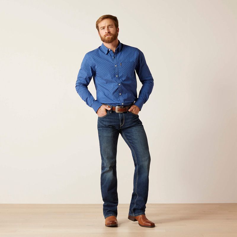 Ariat Maxwell Stretch Modern Fit Shirt Bleu Homme | USJ-75918219