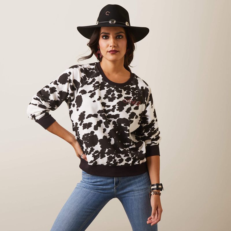 Ariat Real Hide Crew Sweatshirt Holstein Cow Print Femme | IJB-16044622