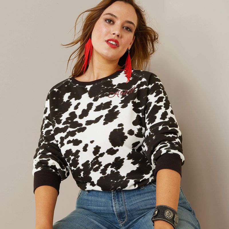 Ariat Real Hide Crew Sweatshirt Holstein Cow Print Femme | IJB-16044622