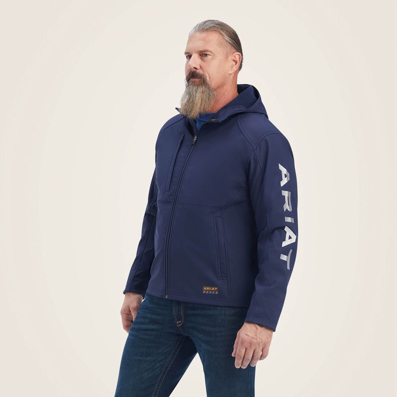 Ariat Rebar Stretch Canvas Softshell Hooded Logo Jacket Navy/Grey Homme | PVU-71069667