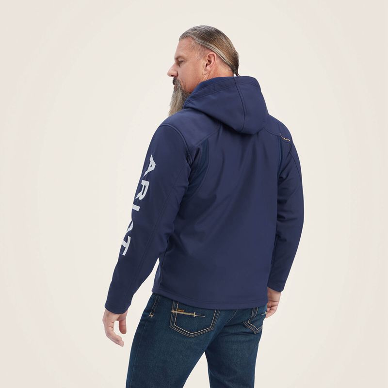 Ariat Rebar Stretch Canvas Softshell Hooded Logo Jacket Navy/Grey Homme | PVU-71069667