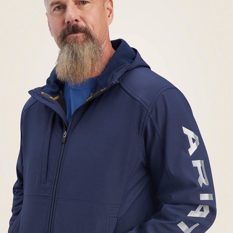 Ariat Rebar Stretch Canvas Softshell Hooded Logo Jacket Navy/Grey Homme | PVU-71069667