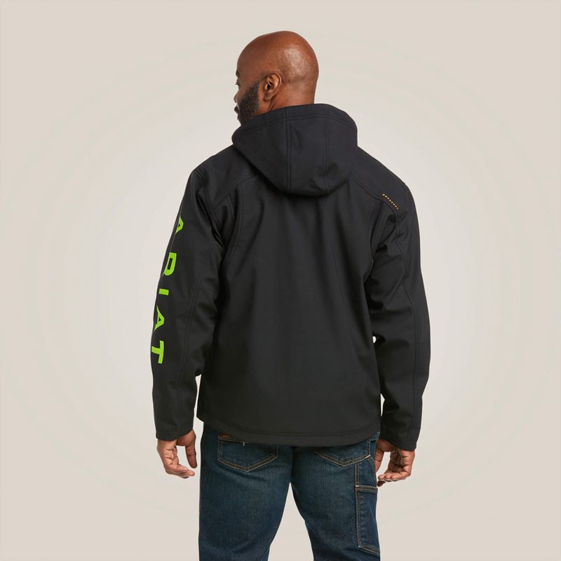 Ariat Rebar Stretch Canvas Softshell Hooded Logo Jacket Black/Lime Homme | EIA-62453578