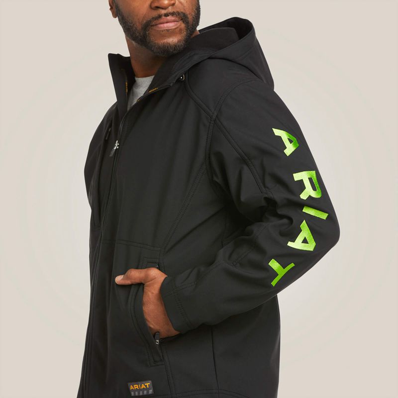 Ariat Rebar Stretch Canvas Softshell Hooded Logo Jacket Black/Lime Homme | EIA-62453578