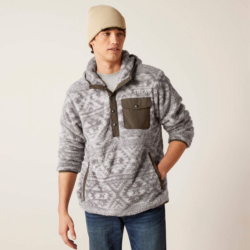 Ariat Polar Bear Fleece Hoodie Jetty Gray Geo Map Homme | QUM-05738843