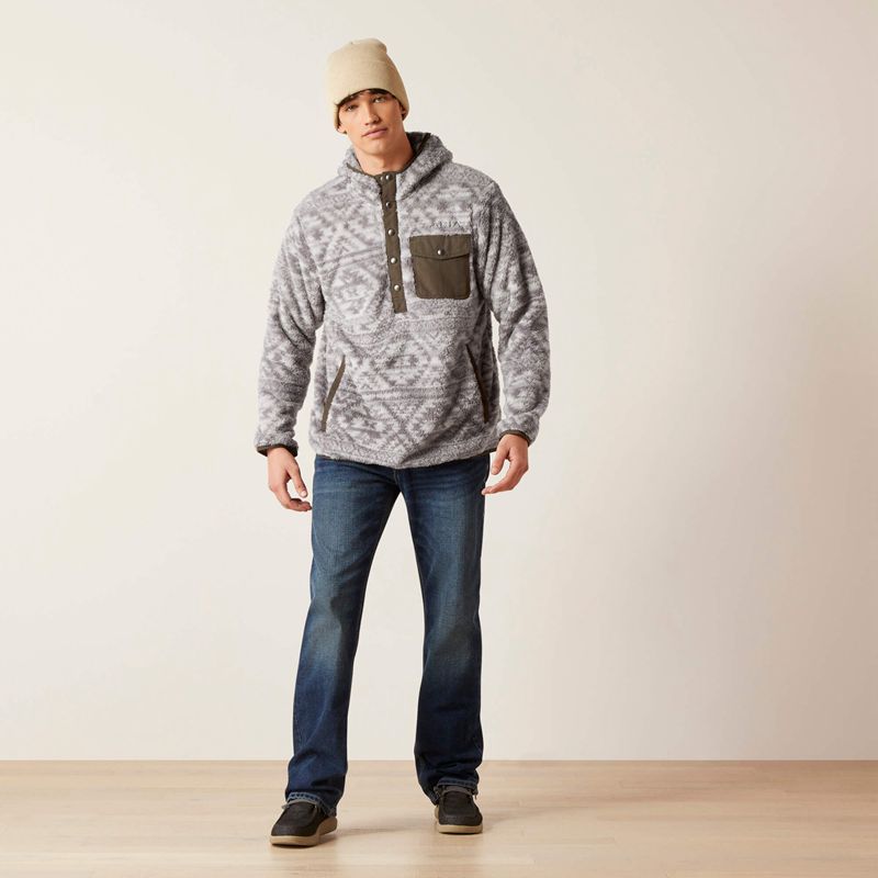 Ariat Polar Bear Fleece Hoodie Jetty Gray Geo Map Homme | QUM-05738843