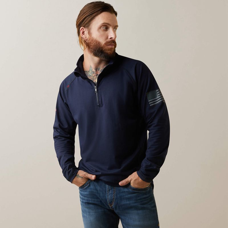 Ariat Fr Combat Stretch Patriot 1/4 Zip Work Shirt Bleu Marine Homme | JKY-80689741