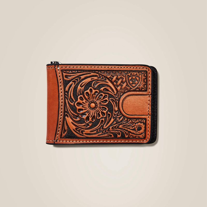 Ariat Bifold Wallet Floral Logo Embroidery Tan Homme | LQR-01487762